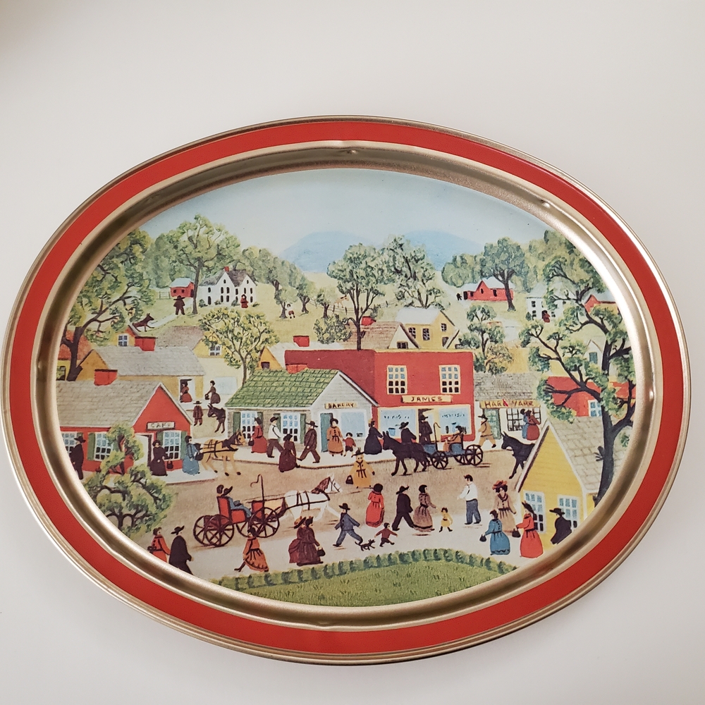 Vintage Sunshine Biscuits Tin Tray Plate Shopping on Main Street Melvin Bolstad